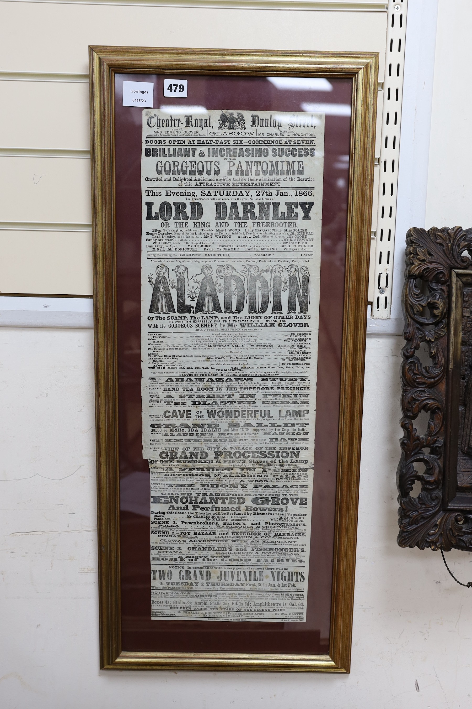 A framed pantomime billboard poster, ‘Aladdin’, theatre Royal Dunlop Street, Glasgow, 1866, 74cms x 24cms